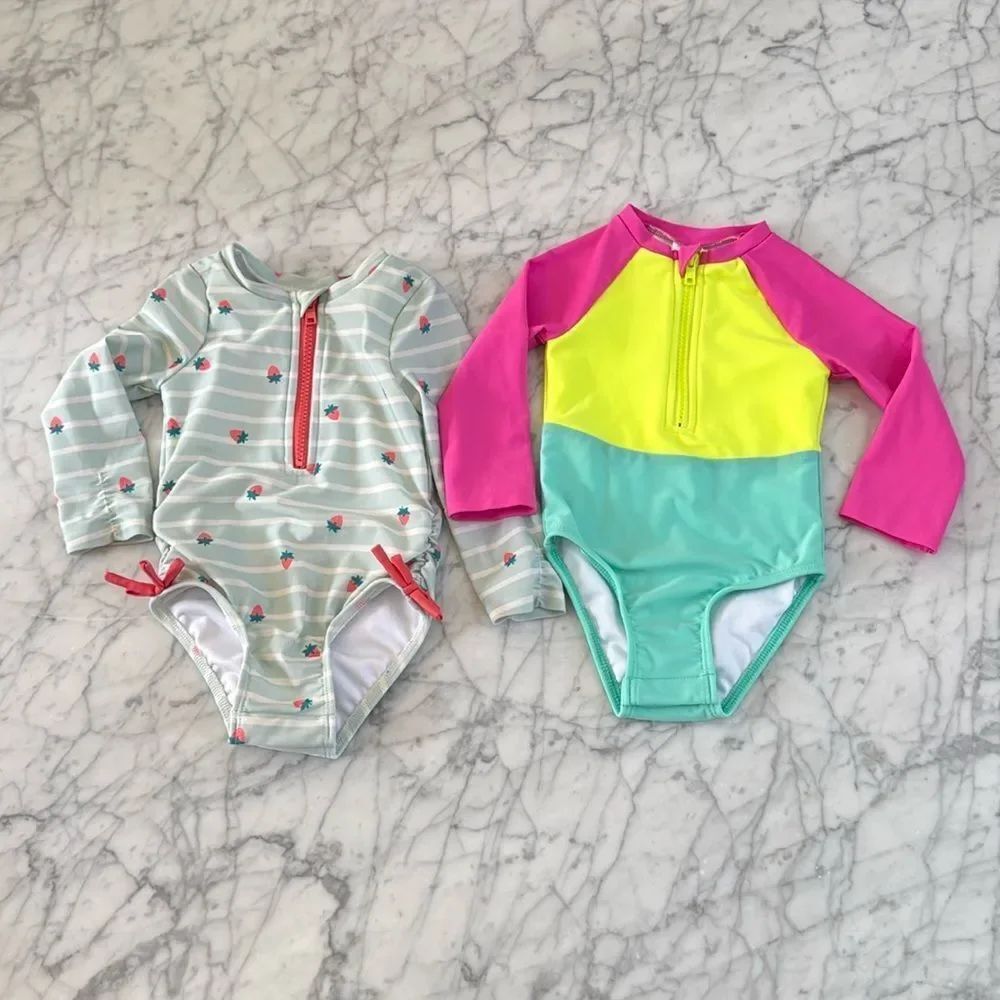 Girl's Size 18 Mo LS Swim Suit Bundle Neon Colorblock Strawberry